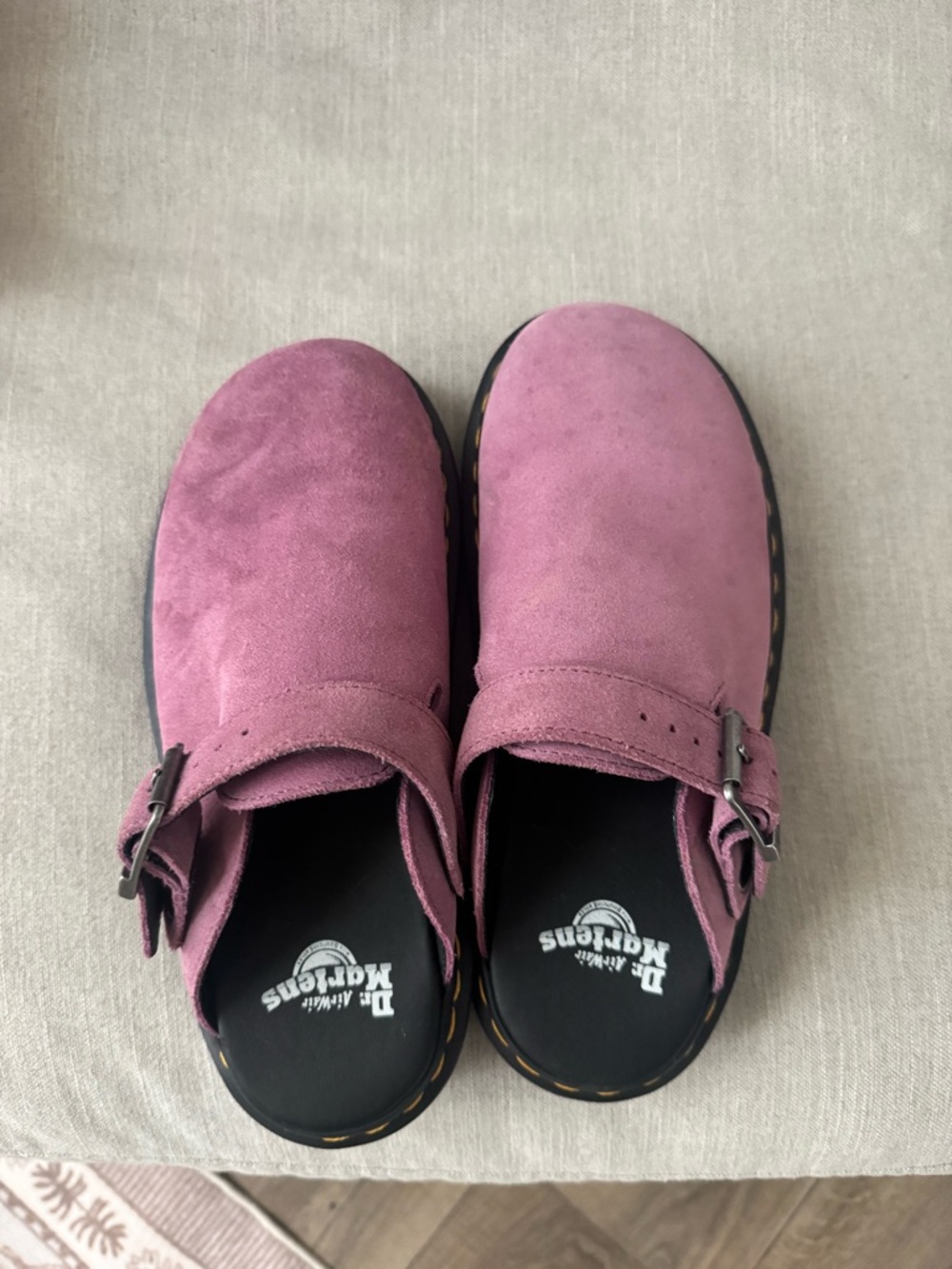 Dr. Martens Women's Mauve Suede Buckle Clog Mules - Picture 2 of 6